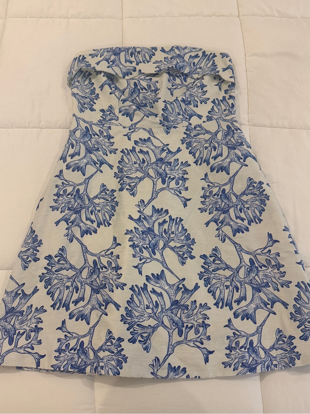 Joy Joy White Strapless Dress with Blue Botanical Print